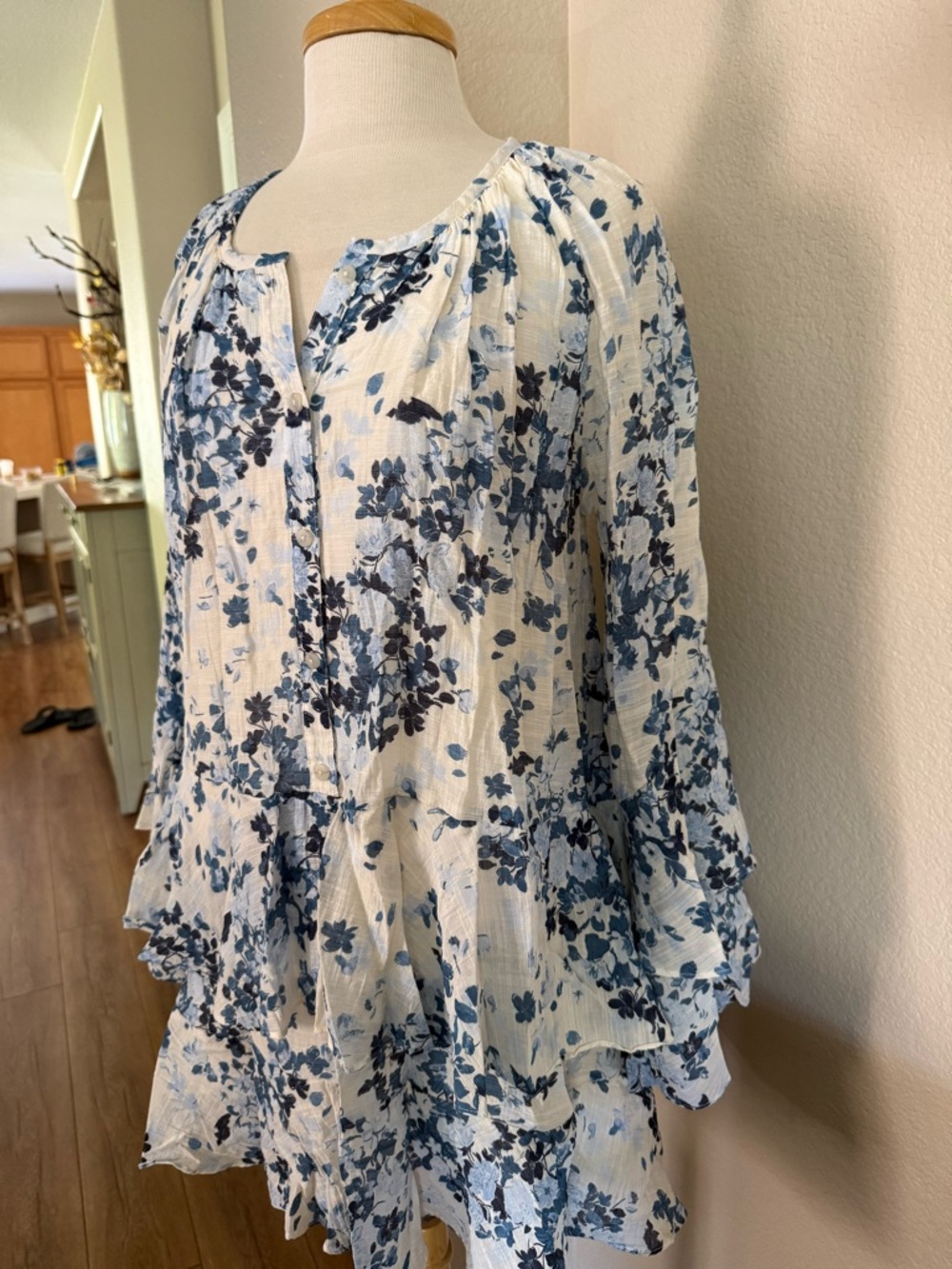 NWOT Maeve By Anthropologie Long-Sleeve V-Neck Mini Swing Dress Blue White Sz 2X - Picture 12 of 16